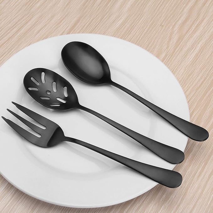 Matte Black Serving Set，SHARECOOK 5-Piece 18/0 Stainless Steel Large Hostess Set with Round Edge, Satin Finished, Dishwasher Safe -Spoons, Forks,Butter Knife& Slotted Spoon