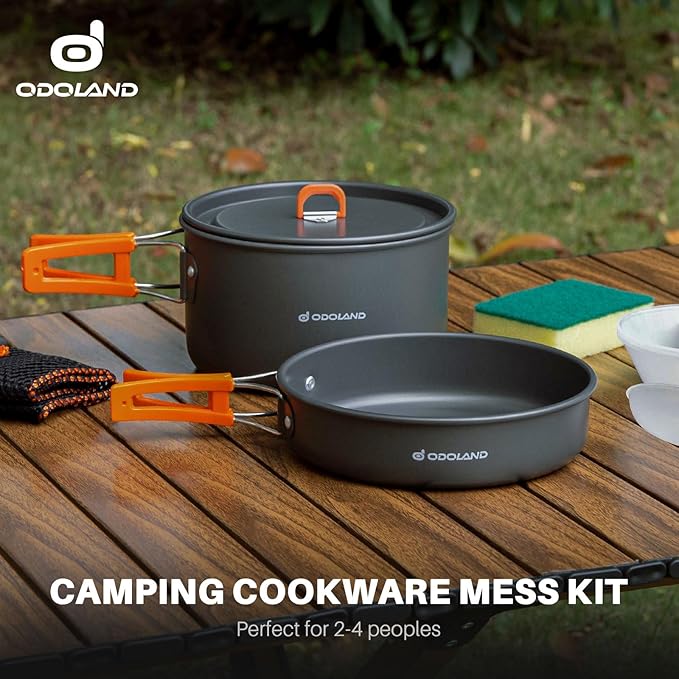 Odoland 9pcs Camping Cookware Non-Stick Lightweight Pots and Pans Set with Plastic Bowls Soup Spoon for Backpacking, Outdoor Cooking and Picnic