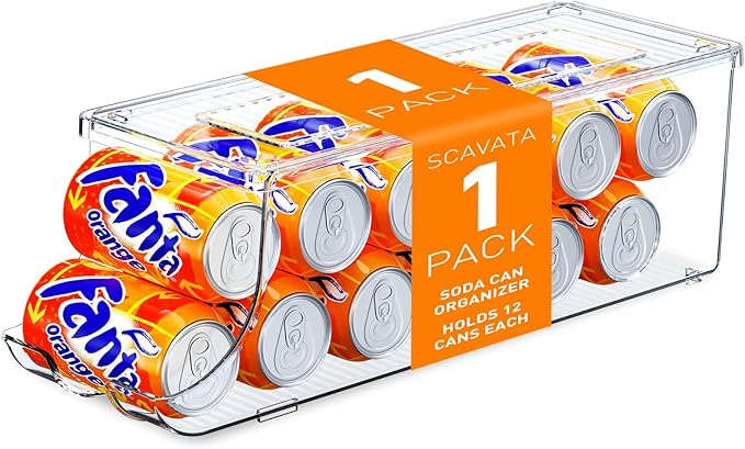 SCAVATA Soda Can Organizer for Refrigerator, Stackable Canned Food Pop Cans Container Can Holder Dispenser with Lid for Fridge Rack Freezer, Clear Storage Bins-Holds 12 Cans Each (One)