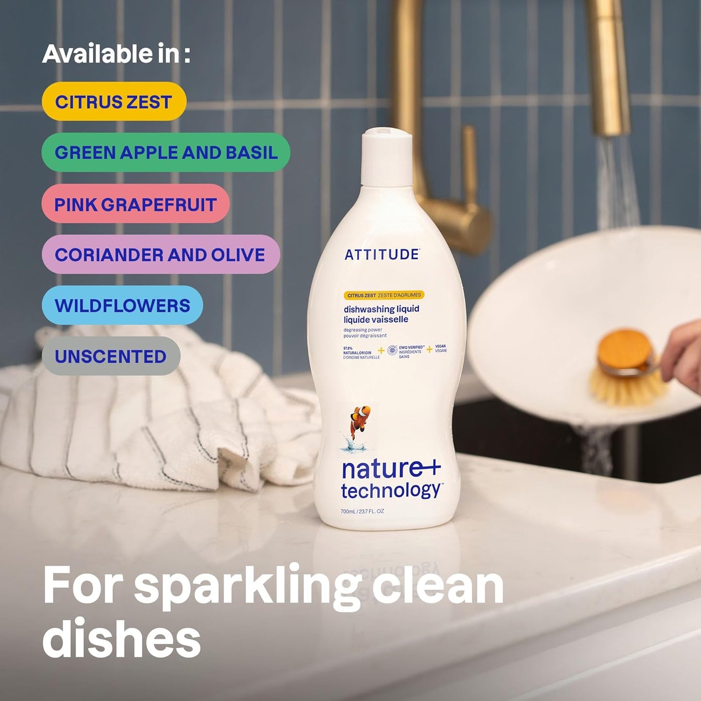 ATTITUDE Dish Soap, EWG Verified, Plant-Based & Vegan Dishwashing Liquid, Naturally Derived, Citrus Zest, 23.7 Fl Oz