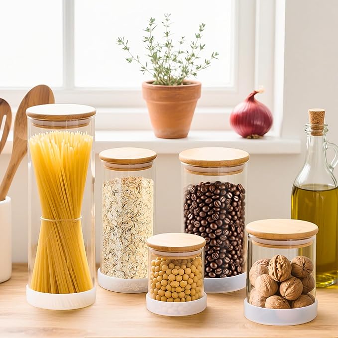 TBWIND Glass Storage Containers with Bamboo Lids – 7 Pack Airtight Clear Glass Jars in Mixed Sizes (17oz/25oz/34oz/53oz/73oz) for Pantry Organization, Kitchen Dry Food, Coffee, Flour, Pasta & Snacks