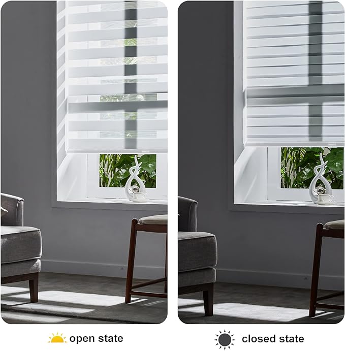 Persilux Cordless Zebra Blinds for Windows Free-Stop Roller Shades (71" W X 72" H, White) Dual Layer Light Cintrol for Day and Night, Light Filtering Sheer Shades for Home, Easy to Install
