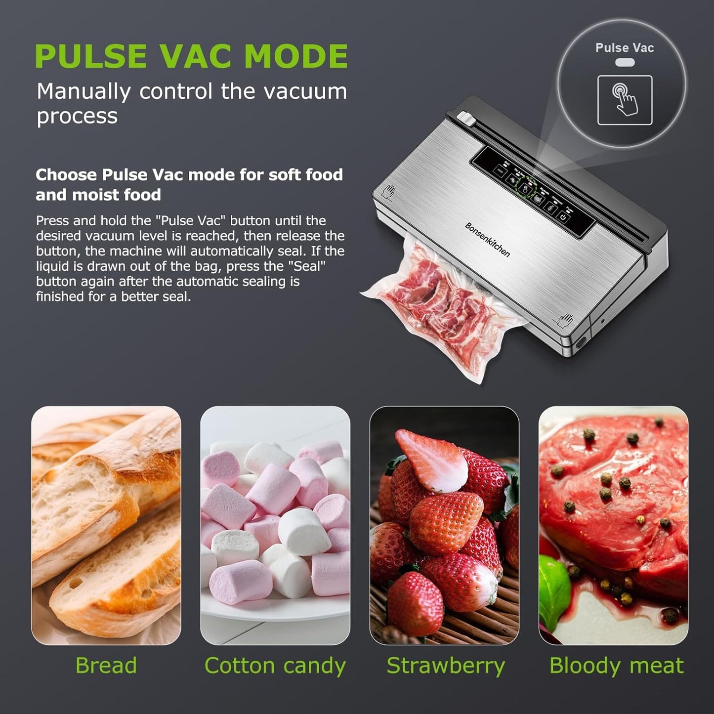 Bonsenkitchen Vacuum Sealer Machine, Stainless Steel Food Sealer Vacuum Sealers with 100 Bags & 1 Roll, 5 Food Vacuum Modes, Built-in Cutter & Bag Storage, Black