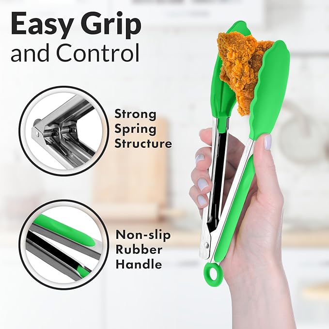 Zulay Stainless Steel Kitchen Tongs with Silicone Tips - Set of 2 (9” & 12”) Locking Cooking Tongs with Non-Slip Grip - Heat Resistant, BBQ Food Tongs for Non-Stick Cooking Pans (Silver/Light Green)