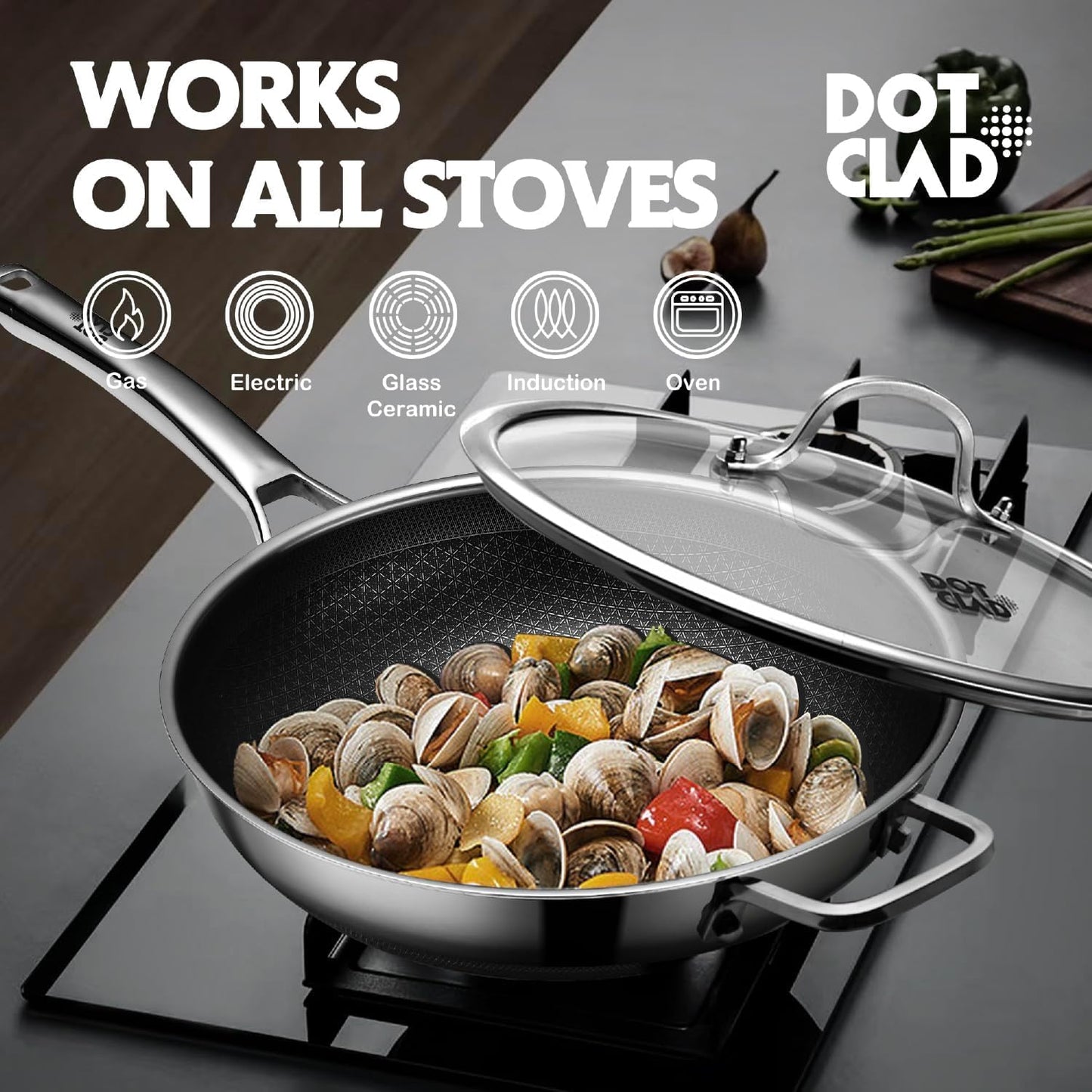 13 Inch Hybrid Stainless Steel Wok with Lid and Steamer Basket, Non Stick Stir Fry Pan, PFOA-Free, Works on Induction, Dishwasher & Oven Safe