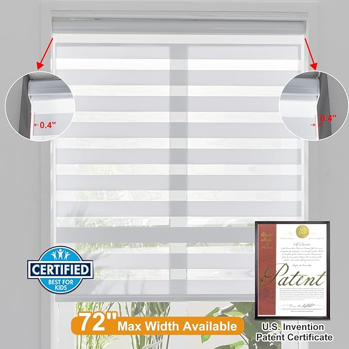 Persilux Cordless Zebra Blinds for Windows, Free-Stop Dual Layer Zebra Roller Shades (38" W x 72" H, White) Light Filtering Sheer Shades, Room Darkening Roller Blinds for Office and Home