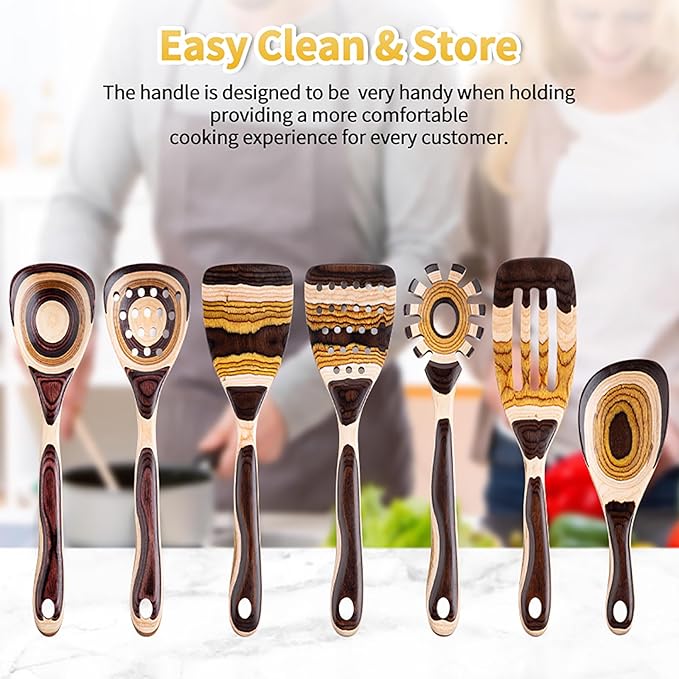 Gudamaye 7-Piece Brown Pakkawood Utensils Set – Sturdy, Eco-Friendly, Wooden Spoons for cooking, Wooden Utensil for cooking, Wooden Kitchen Tool, Home & Kitchen Gifts for Men and Women