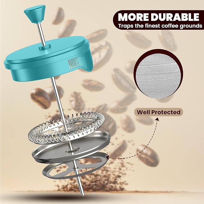 Utopia Kitchen French Press Espresso and Tea Maker with Triple Filters, Stainless Steel Plunger and Heat Resistant Borosilicate Glass (Aqua, 34-oz (Pack of 1))