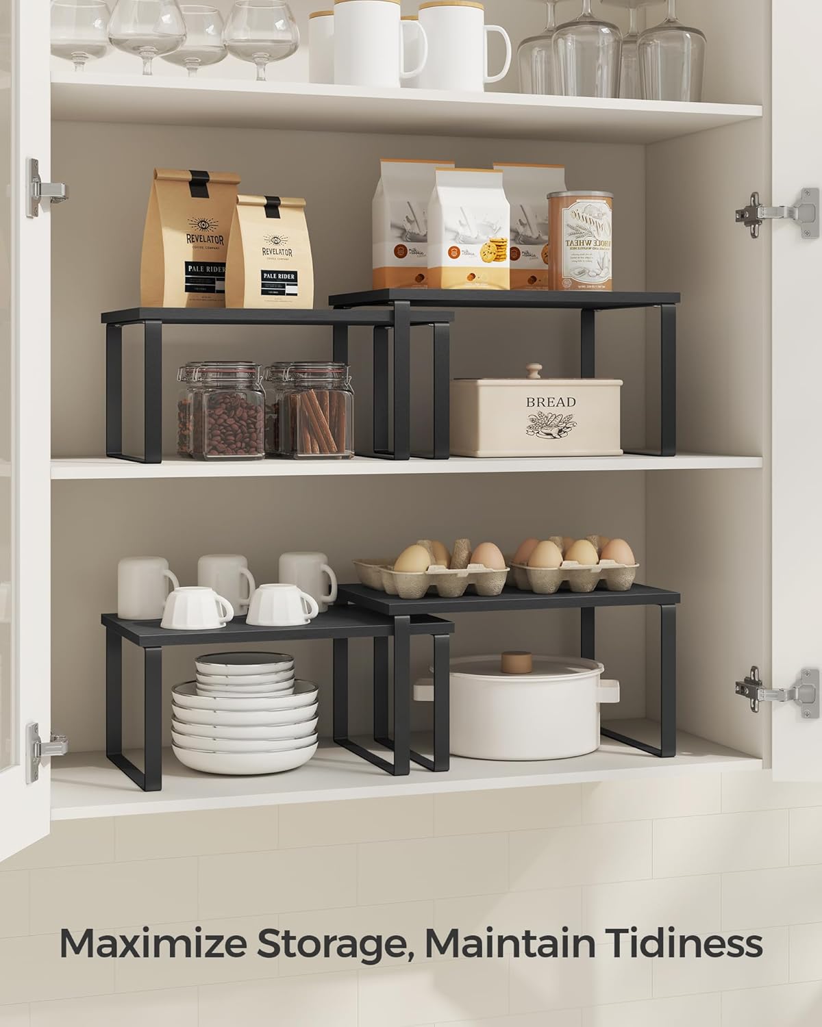 SONGMICS Cabinet Organizer Shelf, Set of 2 Kitchen Counter Shelves, Kitchen Storage, Spice Rack, Stackable, Expandable, Metal and Engineered Wood, Ink Black and Charcoal Black UKCS02B01