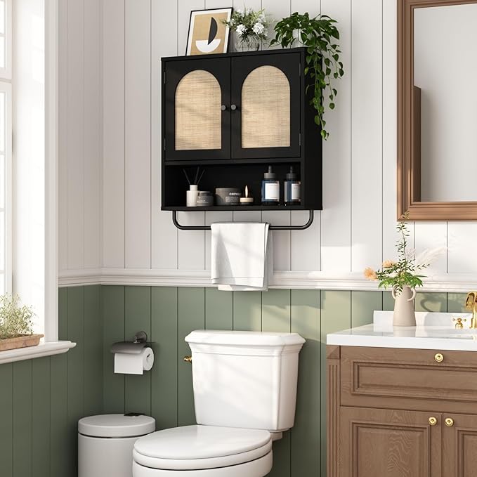 RUSTOWN Rattan Bathroom Wall Cabinet, Boho Medicine Cabinet with 2 Arched Doors, Farmhouse Over The Toilet Storage Cabinets with Adjustable Shelves & Towel Bar