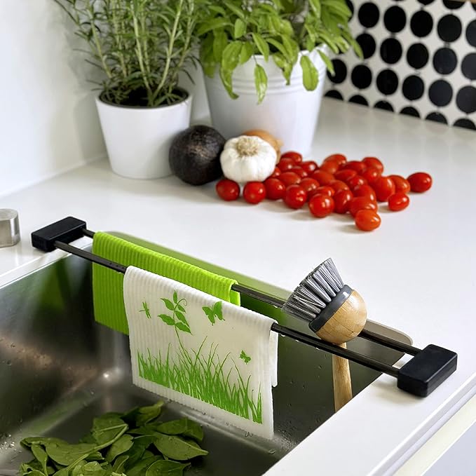 Sanni Shoo drip.line Pure Black - Versatile and Adjustable Kitchen Rack Drip Tray for Dishcloths, Brushes, and Bottles - Hygienic Storage - Made of Stainless Steel and Silicone