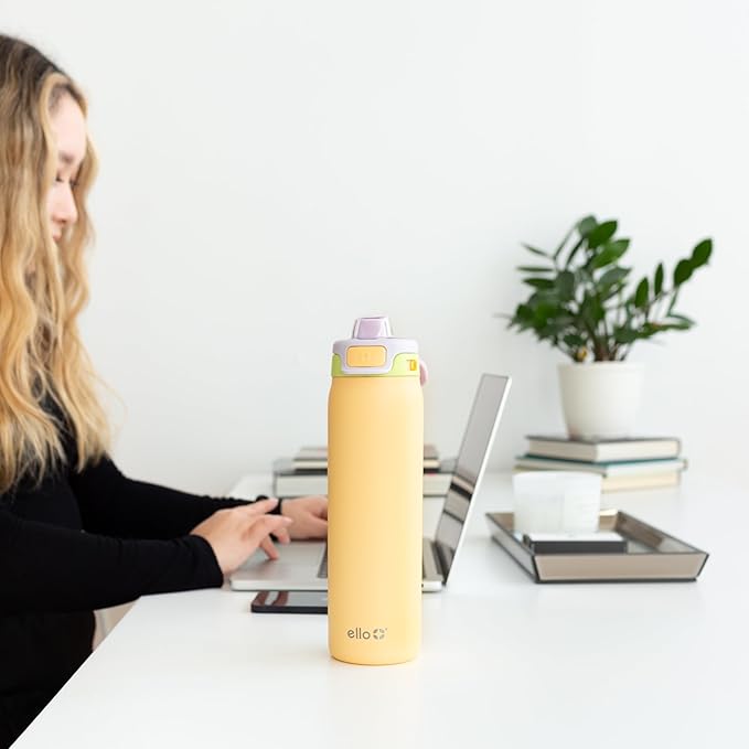 Ello Pop & Fill 22oz Stainless Steel Water Bottle with Quick Fill Technology, Double Walled and Vacuum Insulated Metal, Leak Proof Locking Lid, Sip and Chug, Reusable, BPA Free, Sunset Meadow
