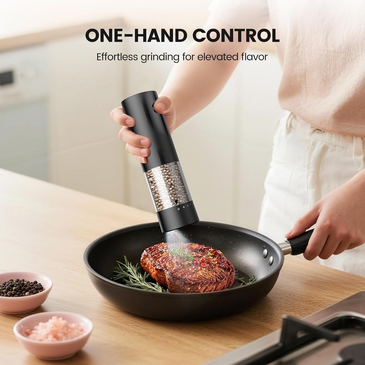 Electric Salt and Pepper Grinder Set - Rechargeable Automatic Salt and Pepper Shakers, Kitchen Appliances with External Adjustable Coarseness, Larger Hopper for Cooking, Home Gifts(2 Pack,Black/White)