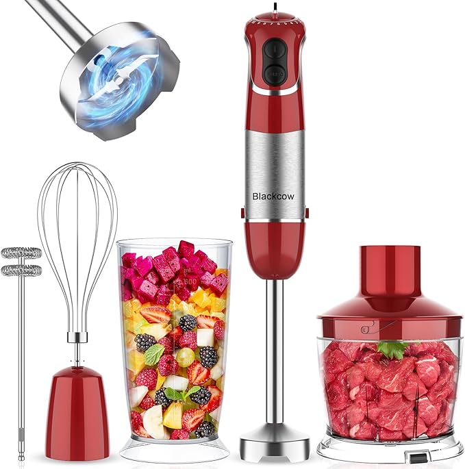 Blackcow Multi-Use 5 in 1 Immersion Blender 3.0, BPA-Free, 800W 12 Speed Hand Blenders for Kitchen, Copper Motor Stainless Steel Blade Emulsion Blender Handheld with Chopper, Whisk and Frother, Red