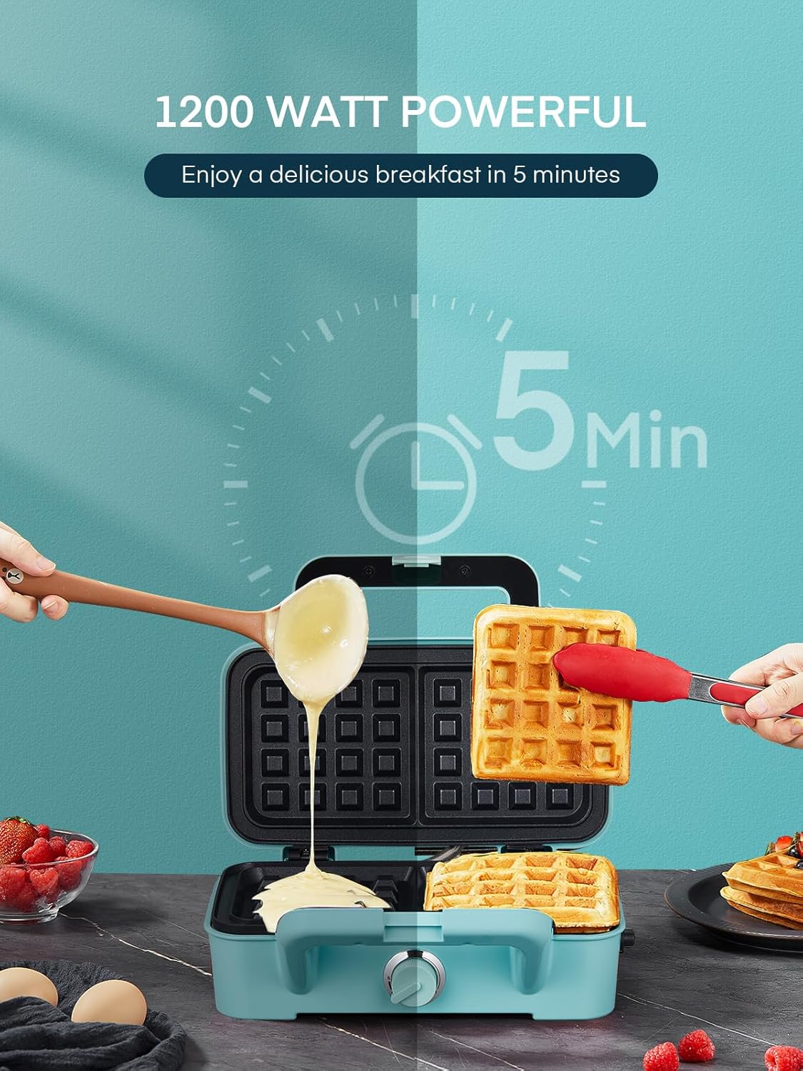 FOHERE Waffle Maker 3 in 1 Sandwich Maker 1200W Panini Press With Removable Plates and 5-gear Temperature Control, Non-stick Coating Easy to Clean,Indicator Lights, Blue
