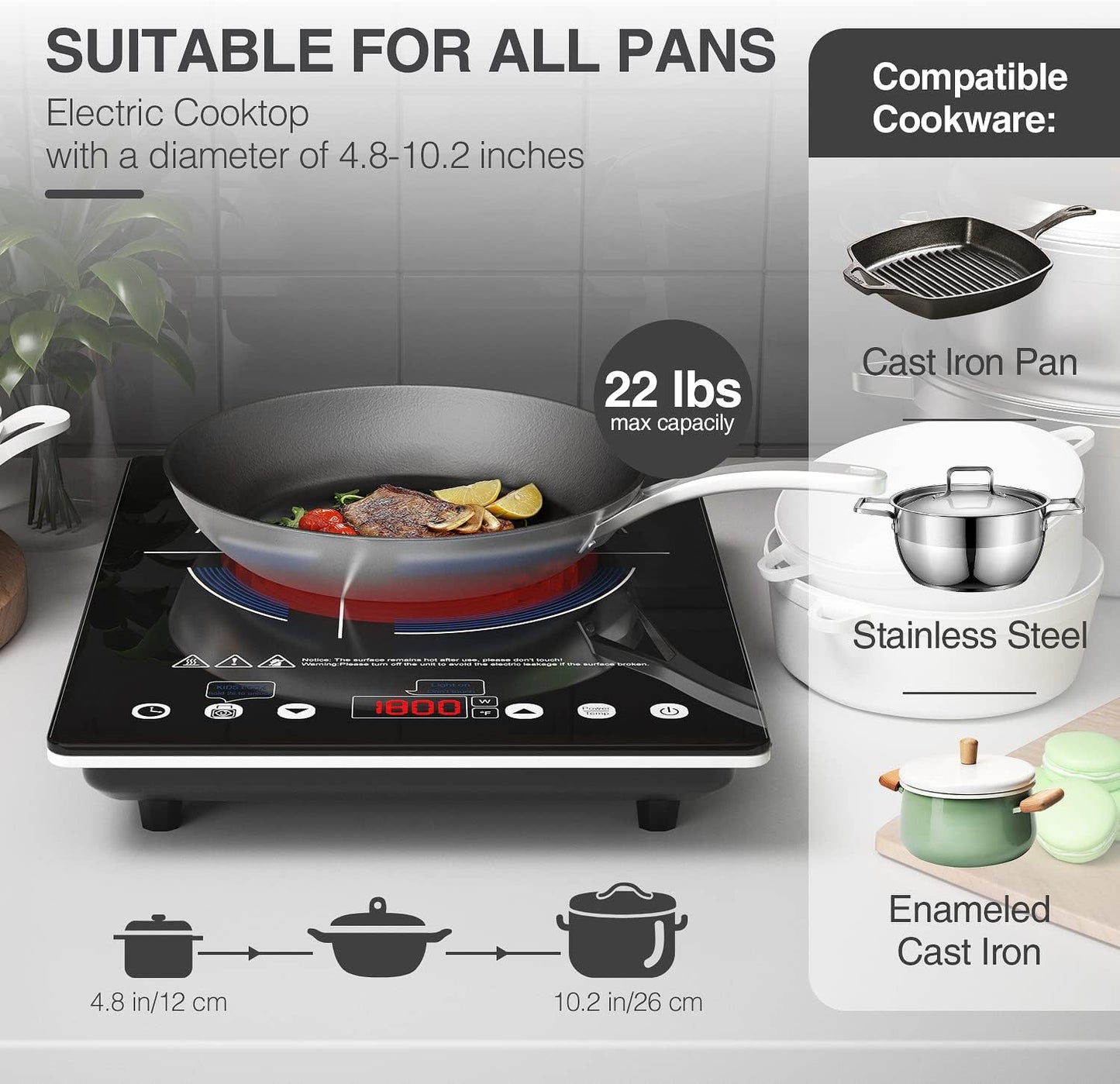 Electric Cooktop 110v,Single Burner Electric Stove Infrared Cooktop Hot Plate 1800W,4-Hour Setting,Black Crystal Glass Surface Compatible for All Cookware