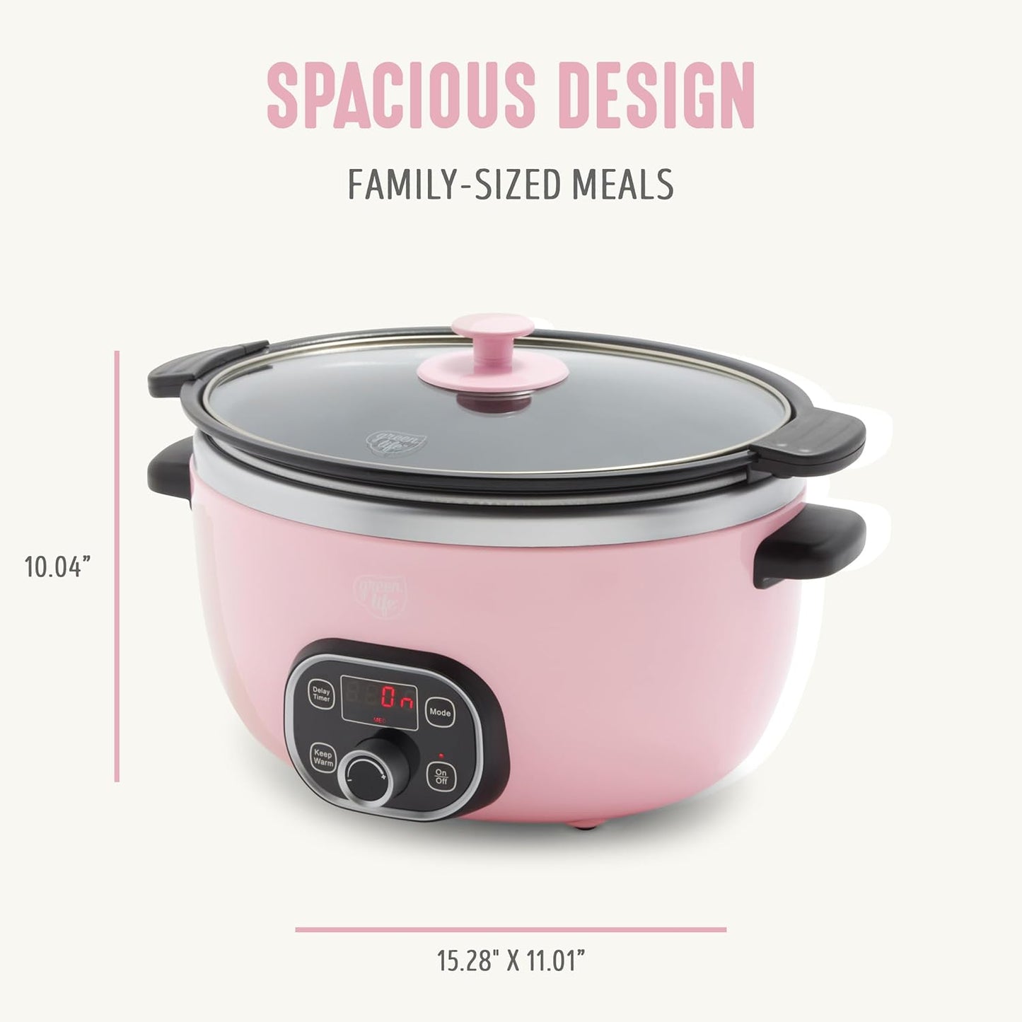 GreenLife 6QT Slow Cooker, Non-Toxic PFAS-Free Ceramic Nonstick Removable Interior Bowl, Programmable, Family Friendly, Keep Warm, Stovetop & Oven Safe, Dishwasher Safe Parts, Timer, Glass Lid, Pink