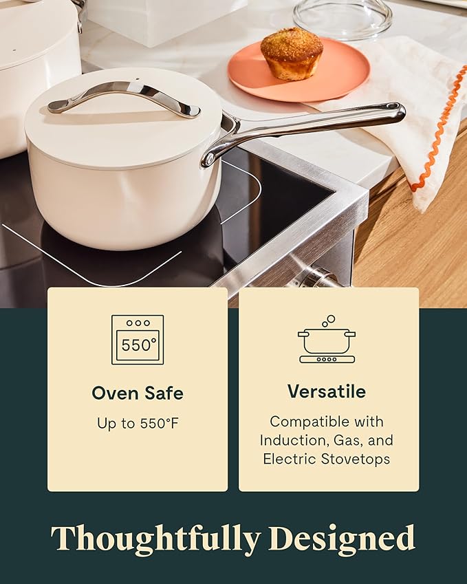 Caraway Nonstick Ceramic Sauce Pan with Lid (1.75 qt) - Non Toxic, PTFE & PFOA Free - Oven Safe & Compatible with All Stovetops (Gas, Electric & Induction) - Black