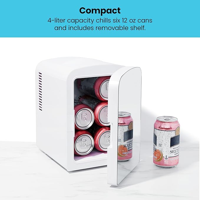 Chefman - Iceman Portable Mirrored Personal Fridge 4L Mini Refrigerator, Skin Care, Makeup Storage, Beauty, Serums & Face Masks, Small For Desktop Or Travel, Cool & Heat, Cosmetic Application, White