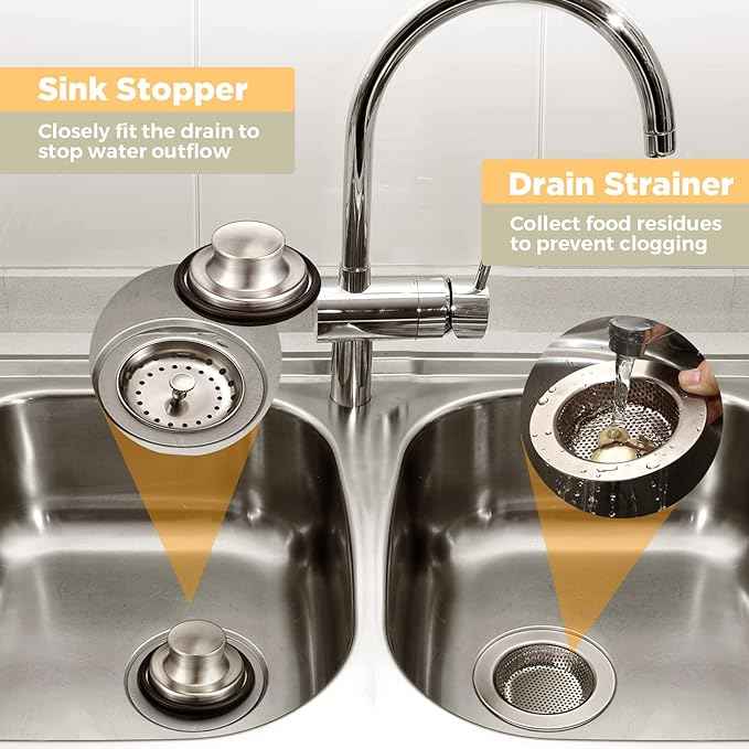 Mudder 3 Pcs Kitchen Sink Drain Strainer and Stopper Stainless Steel Garbage Disposal Plug with Handle Universal Anti-Clogging Kitchen Sink Filter Sieve Basket Strainer(Brushed Silver)