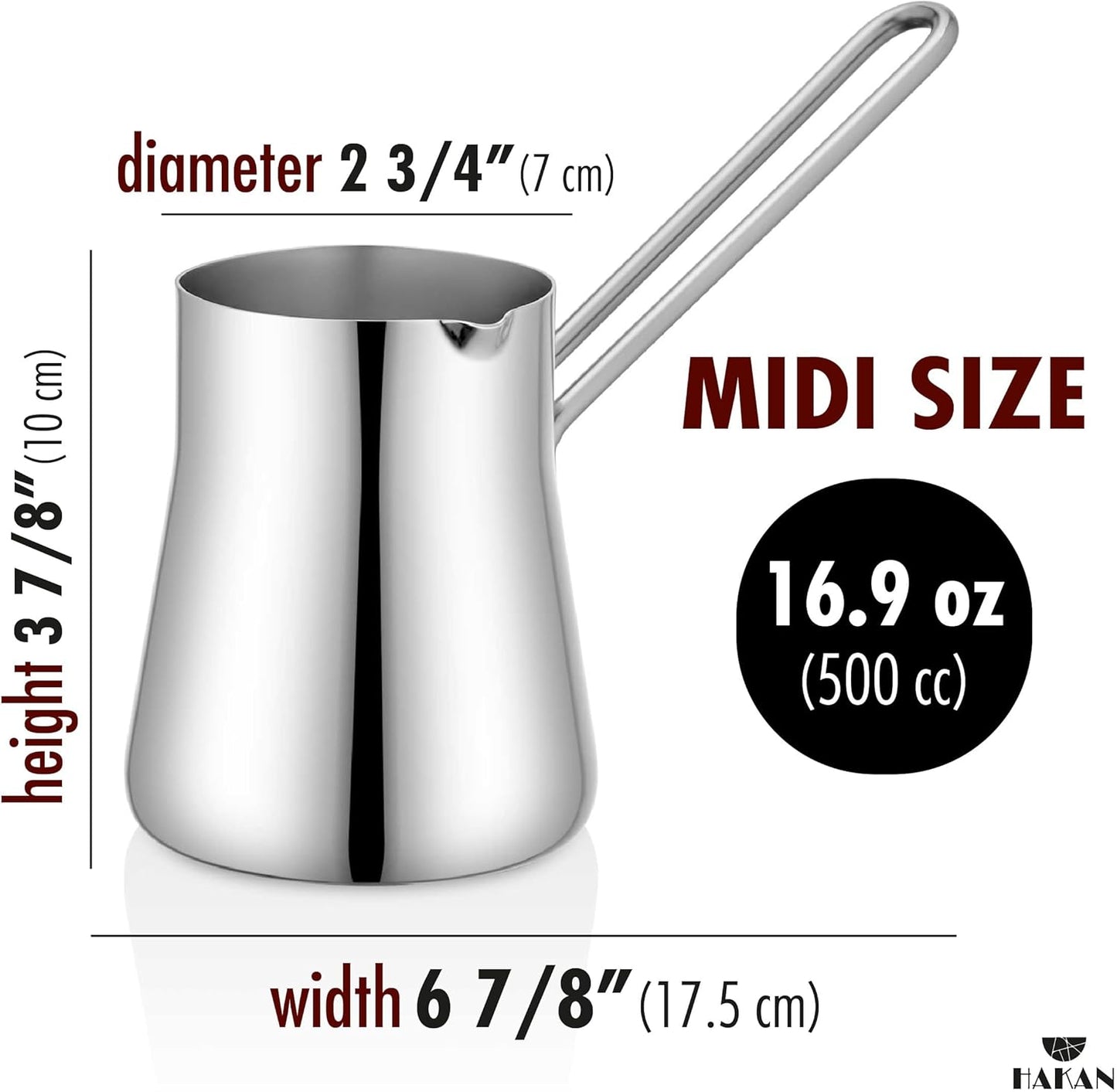 Hakan Topkapı Stainless Steel Turkish Coffee Pot, 16.9 Oz, 500 cc Midi Greek Arabic Coffee Maker with Spout, Stove Top Coffee Maker in Box, Milk Warmer with Handle, Chai Pot Cezve, Ibrik, Briki
