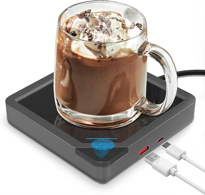 Coffee Mug Warmer with 2 USB Charging Ports: Auto Shut-Off Candle Wax Warmer - Heated Beverage Coffee Accessories for Home Office Desk - U1 Black
