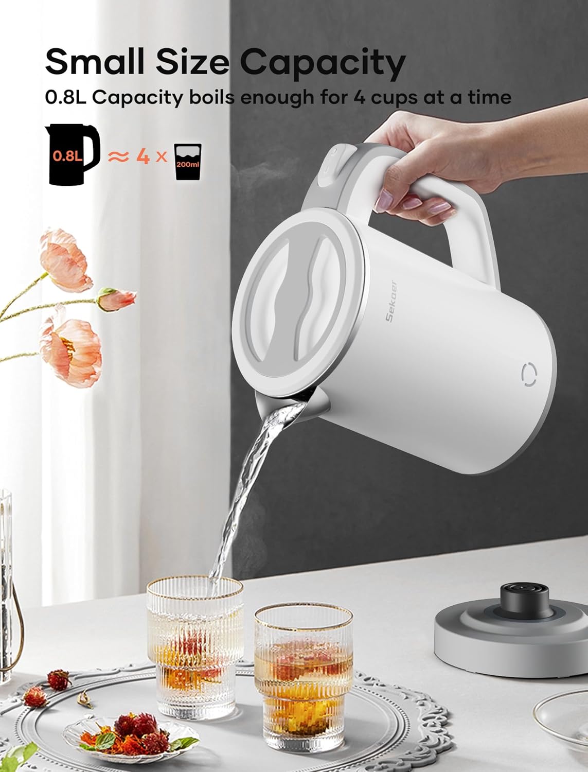 Sekaer Small Electric Tea Kettle Stainless Steel 0.8L Portable Travel Hot Water Boiler, Mini Electric Coffee Kettle with Auto Shut-Off & Boil Dry Protection, Cordless Base & White