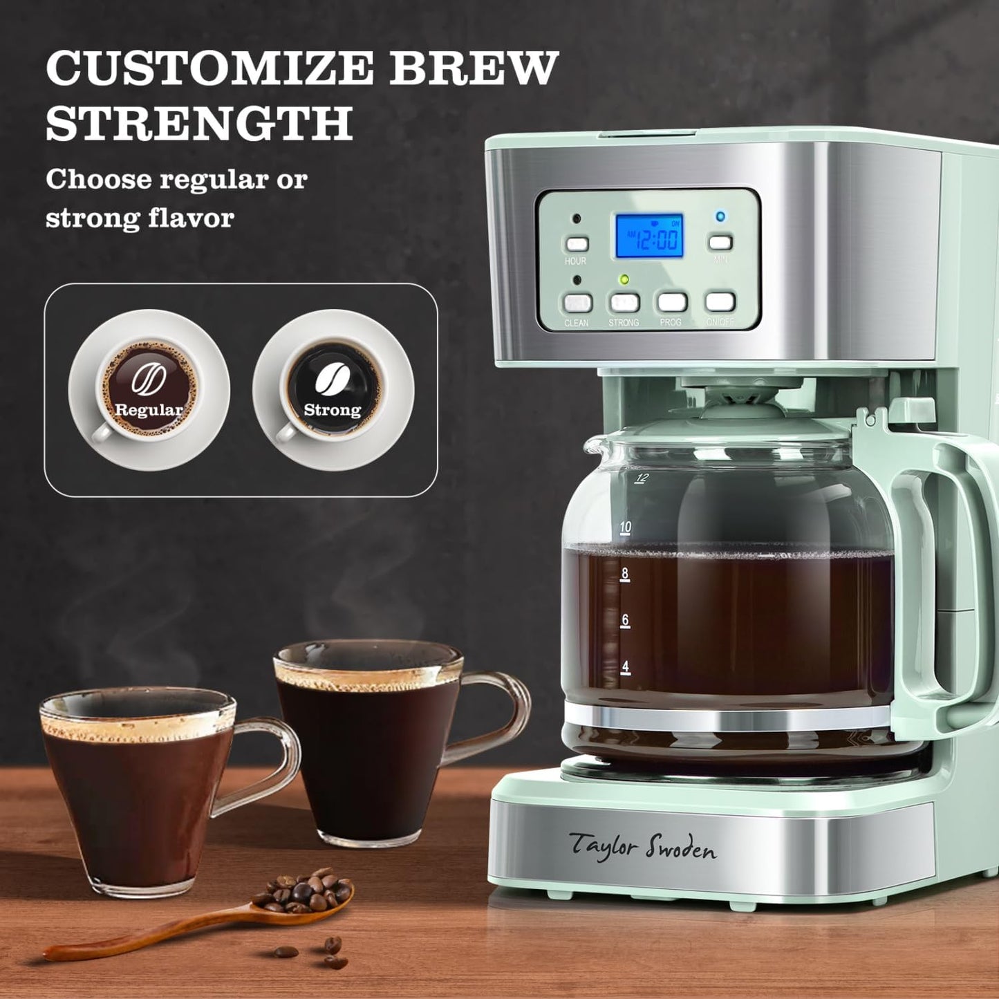Taylor Swoden 12-Cup Programmable Coffee Maker, Regular & Strong Brew Drip Coffee Machine for Home and Office, Glass Carafe, Pause & Serve, Auto Shut Off, Green & Stainless Steel