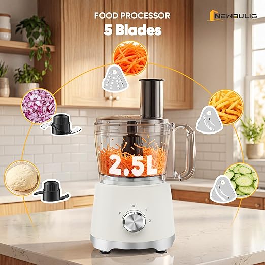 NEWBULIG Food Processor 10.5 Cup, Vegetable Choppers with Slicing Shredding Chopping Kneading, Dishwasher Safe, Food Grinder, Stainless Steel Blades, for Smoothie Fruit Dough, 2.6QT