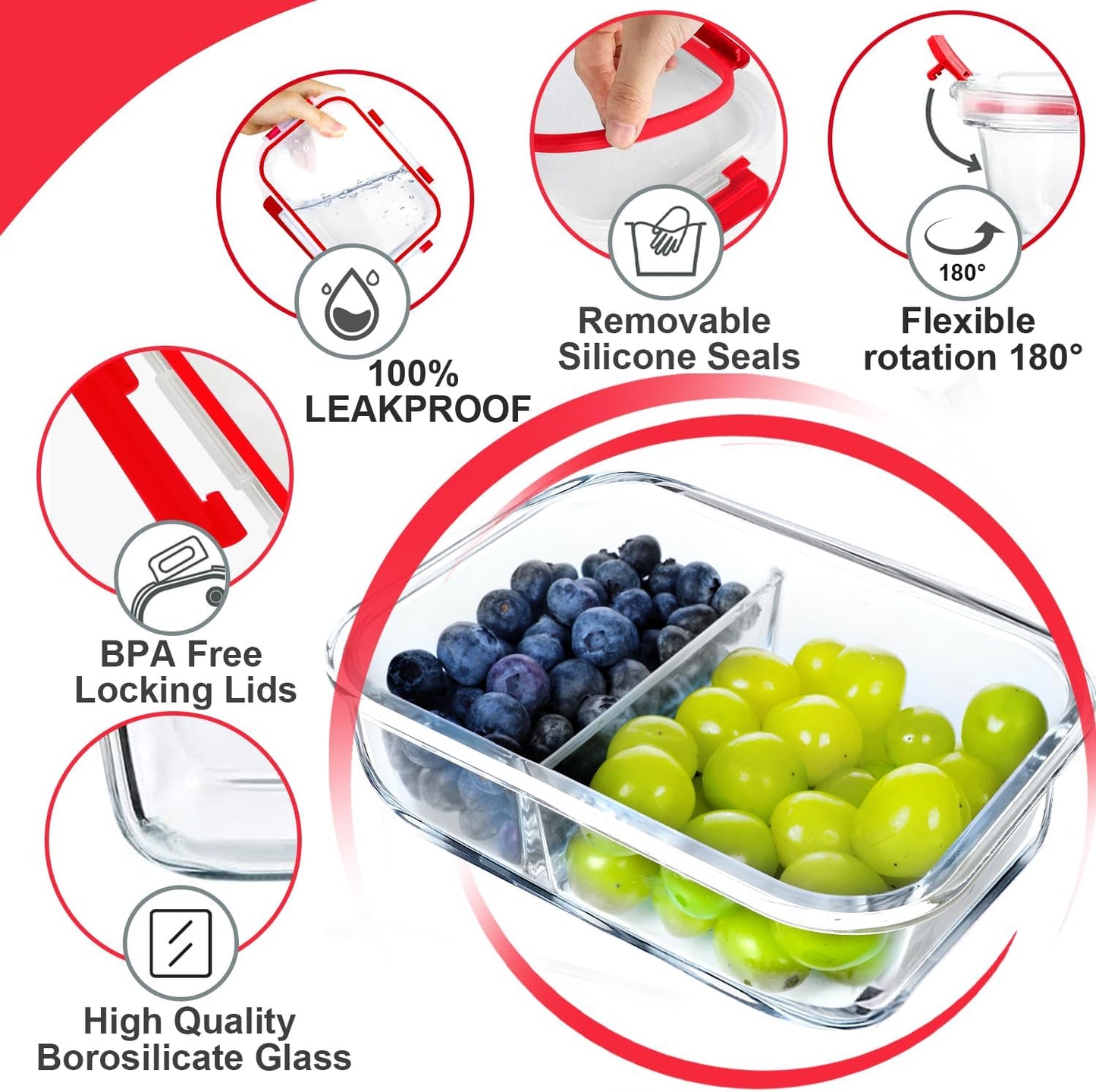 VERONES 10 Pack Glass Meal Prep Containers 2 Compartment Set, 36OZ Airtight Lunch Containers, Glass Food Storage Containers with Lids, for Microwave, Oven, Freezer & Dishwasher Friendly,Red