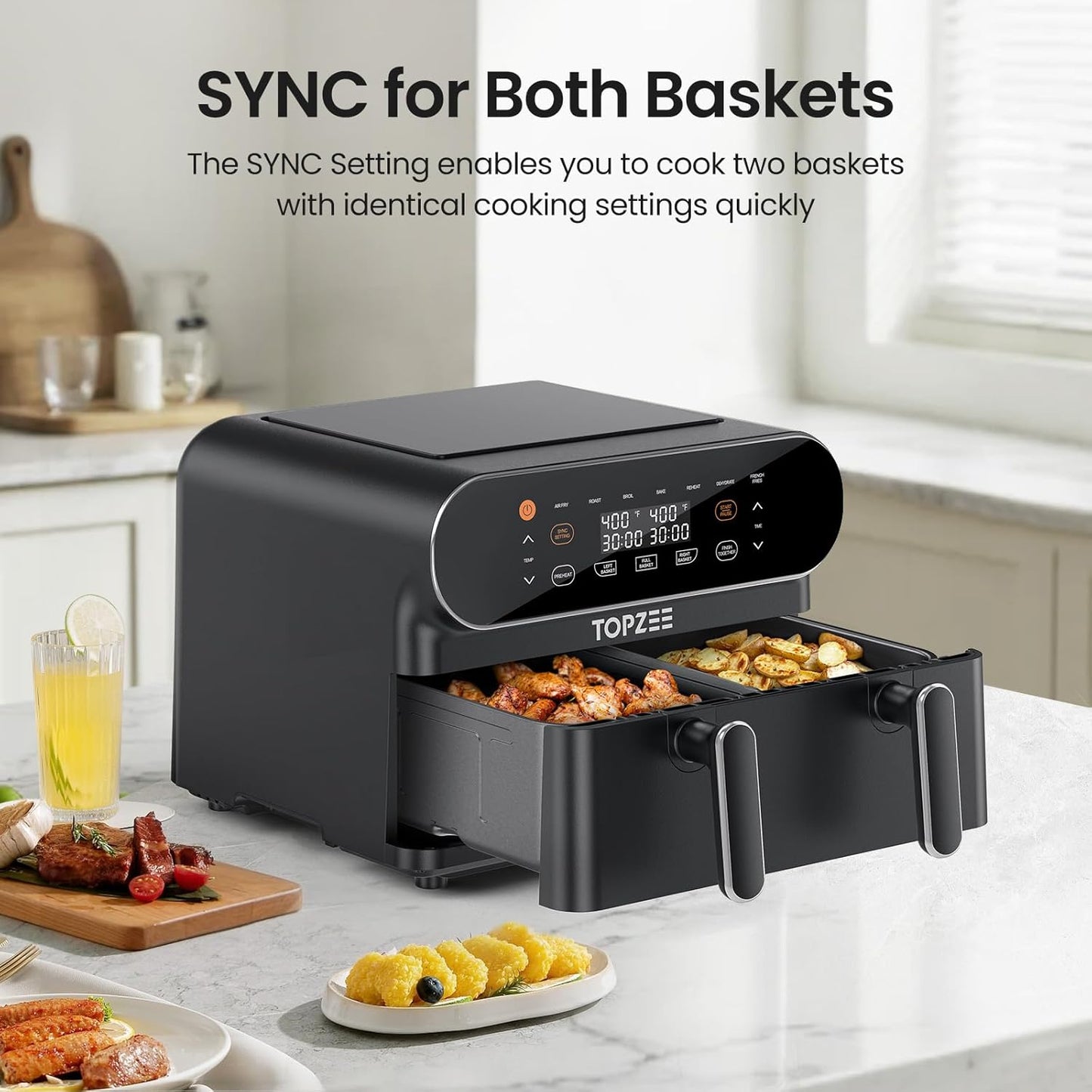 11-QT Large Air Fryer - 8 in 1 XL Airfryer with Flex Basket, Divider for Dual Cooking, Preheat, Air Fry, Roast, Broil, Bake, Reheat, Dehydrate, French Fries, Dishwasher Safe, Black