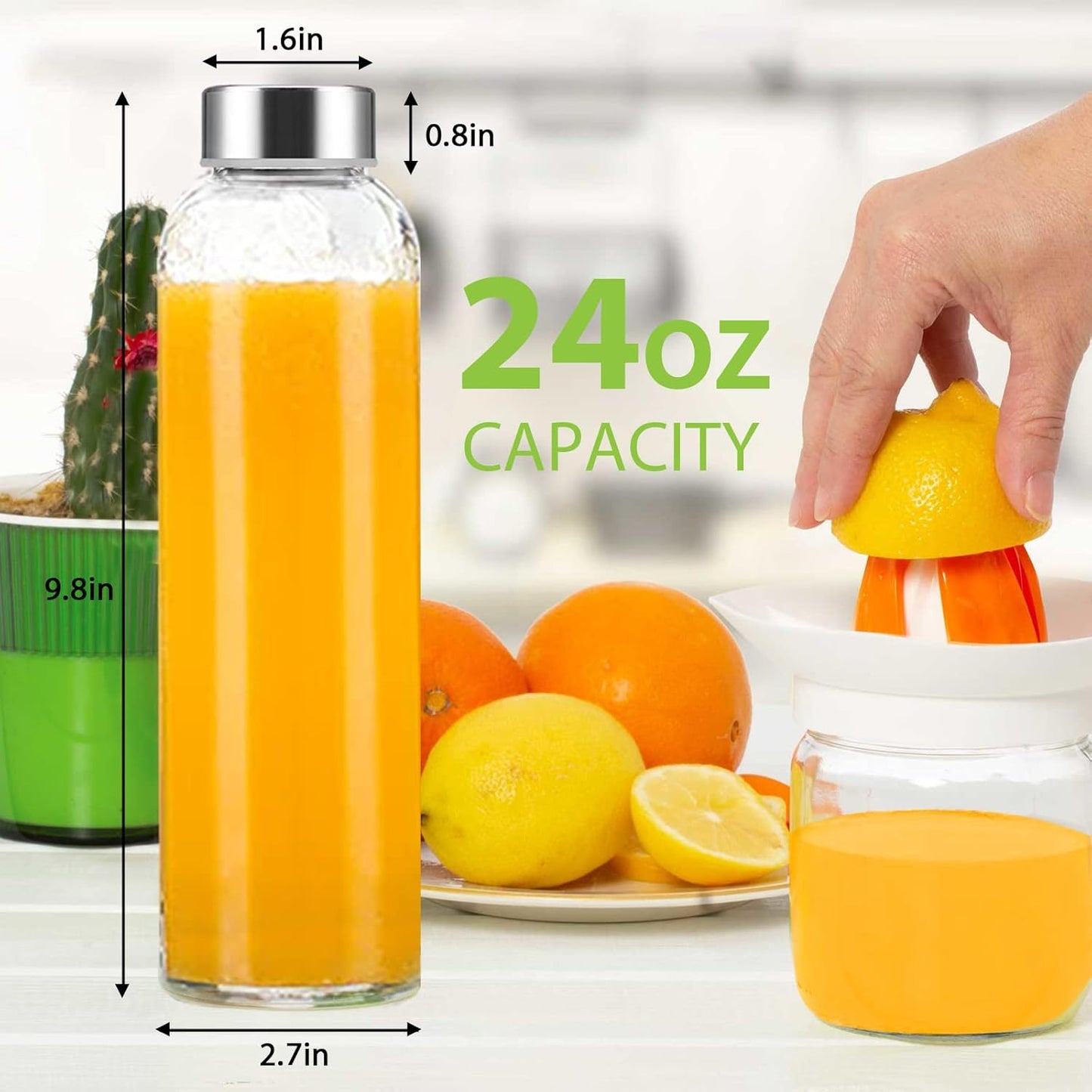 24 oz Clear Glass Bottles with Lids, Reusable Glass Water Bottles with Stainless Steel Cap for Juicing, Refrigerator,100% Leak Proof, BPA Free, Juice Water Bottle Set of 6