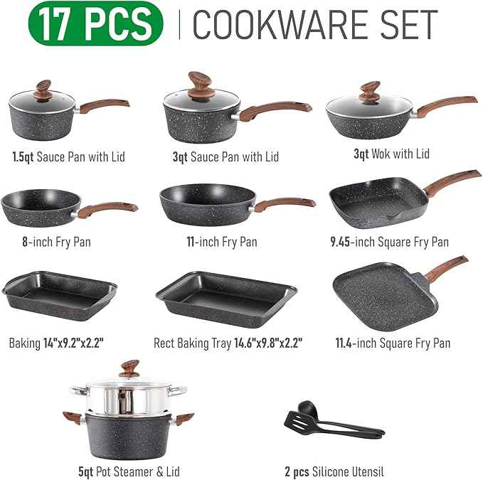 MAISON ARTS 17 Piece Pots and Pans Set Non Stick, Kitchen Cookware Sets with Nonstick Granite Stone Coating, Suitable for Induction Cooktops, Black