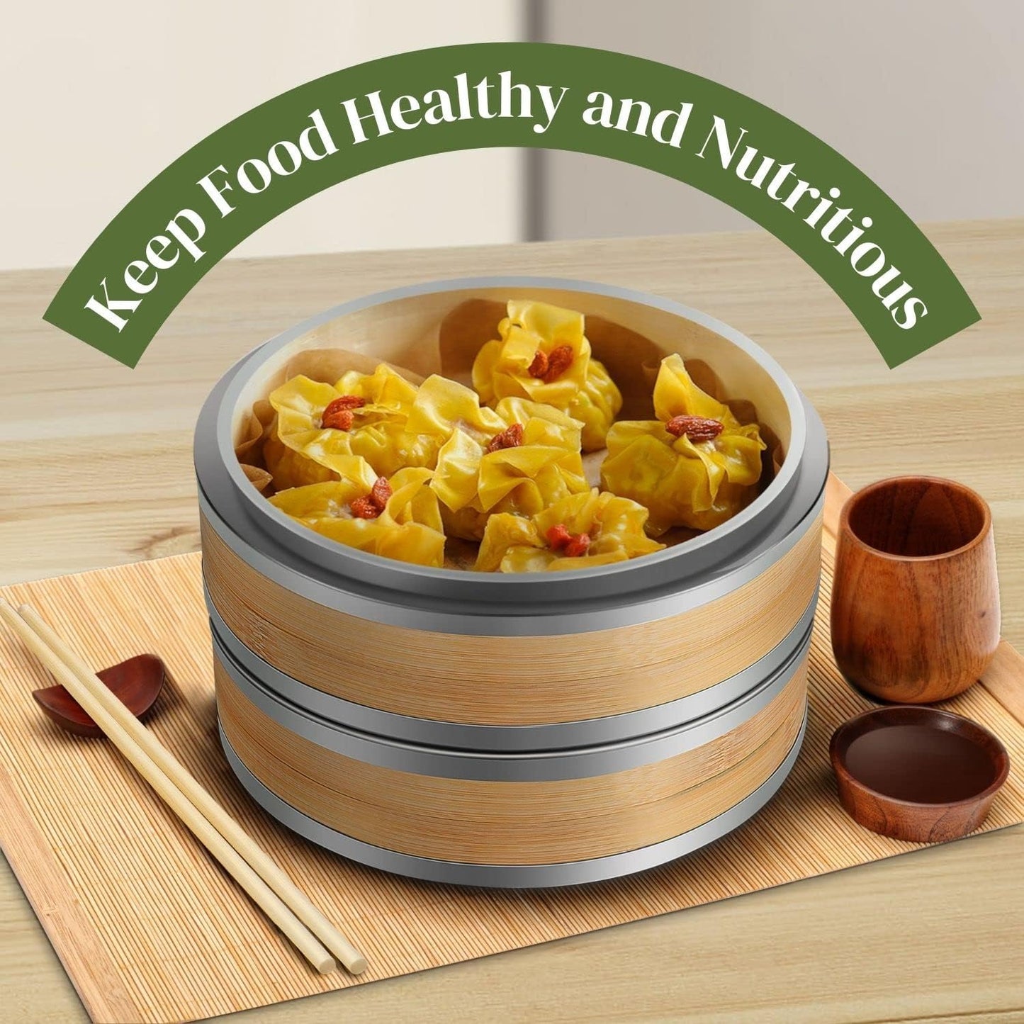 Flexzion Bamboo Steamer Basket Set (10 inch) with Stainless Steel Banding, 50 x Steamer Liners and 2 Pairs of Chopsticks, Steam Baskets for DimSum Dumplings, Rice, Vegetables, Fish and Meat
