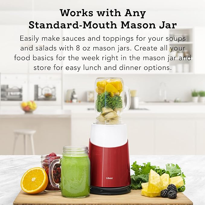 Tribest Mason Jar Ready Personal Blender 2 with Mason Jar Blending Mug, Red