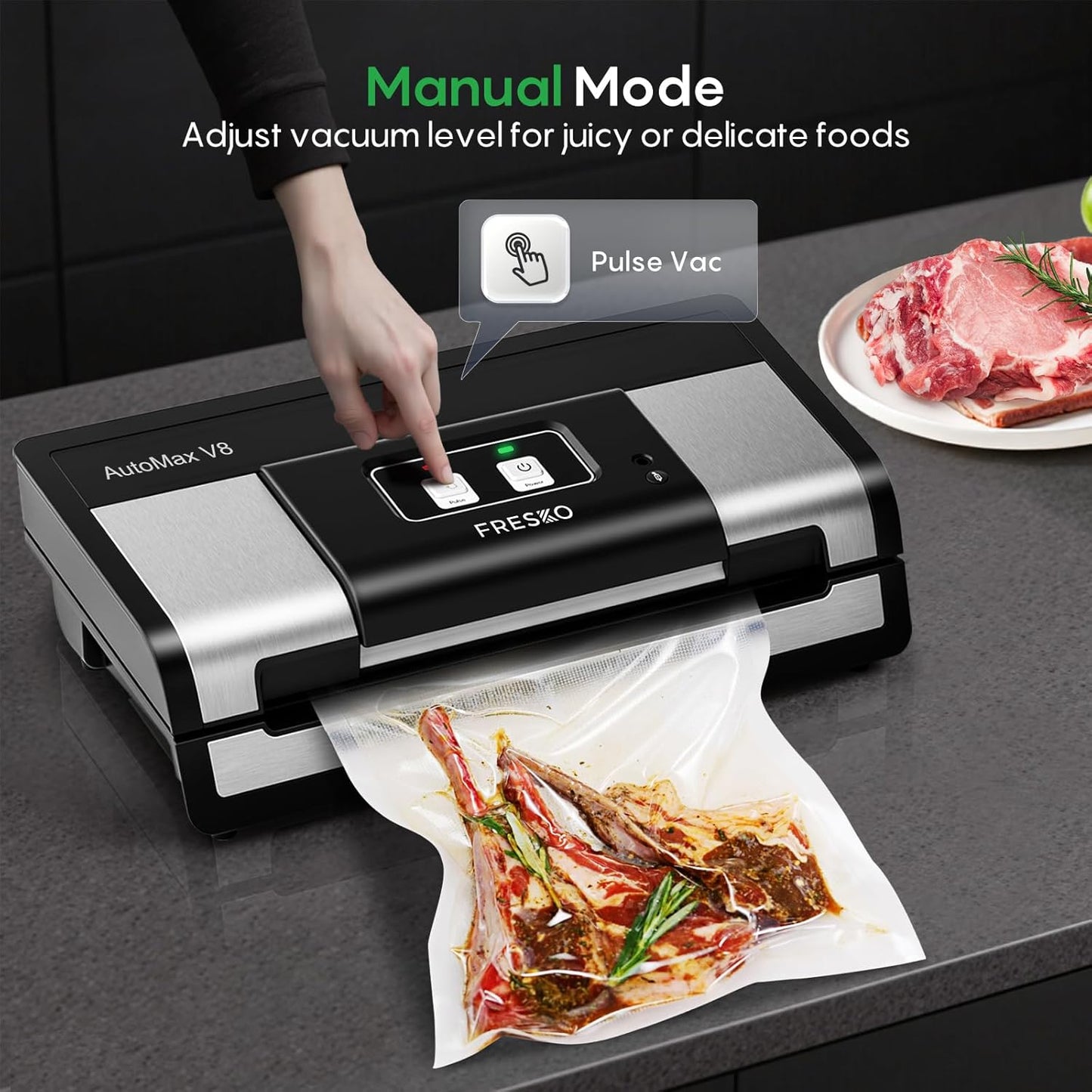 Fully Automatic Vacuum Sealer, 95Kpa Powerful Food Vacuum Sealer Machine, Auto Dry-Wet Detection | Bag Cutter | 2 Rolls Bags | Effortless Operation, Silver - Black