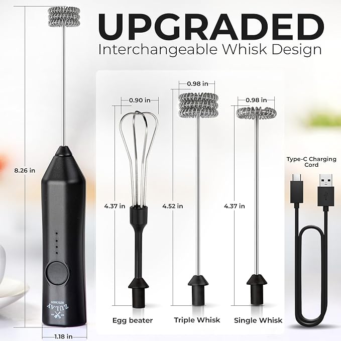Zulay Kitchen Rechargeable Milk Frother - Dynamic - 3 Speeds, 3 Whisk Attachments, 500 mAh USB Charging, Drink Mixer For Latte, Cappuccino, Matcha, Protein Powder, Coffee Foam - Black