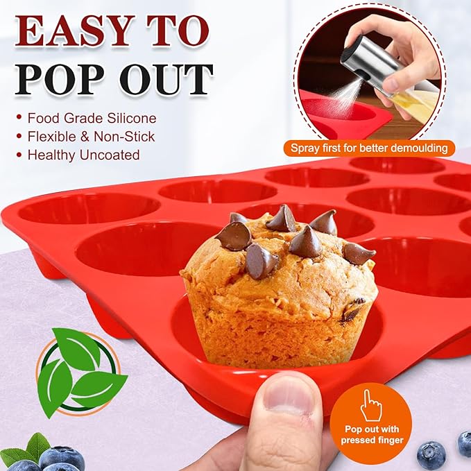 Walfos Muffin Pan Set - 12 Cups Regular Silicone Cupcake Pan, Non-stick and BPA Free, Great for Making Muffin Cakes, Tart, Fat Bombs - Dishwasher Safe, 2-Piece