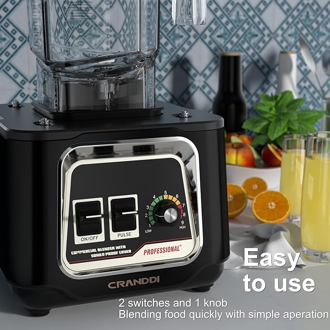 CRANDDI Commercial Blender, 2200W Countertop Blenders with Removable Shield, Quiet Smoothie Blender for Shakes and Ice Crushing, 52oz, 38000 RPM Professional Blenders for Kitchen, K80 (Black)