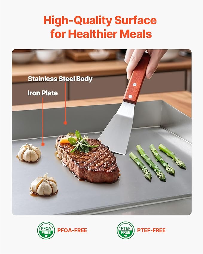 VEVOR Commercial Electric Griddle, 21.06 x 11.81 inch, 3200W, 122-570°F Adjustable Temp Control, Stainless Steel Body, Full Flat, with 2 Spatulas, 2 Brushes, and 4 Foot Pads, for Steak, Pancake