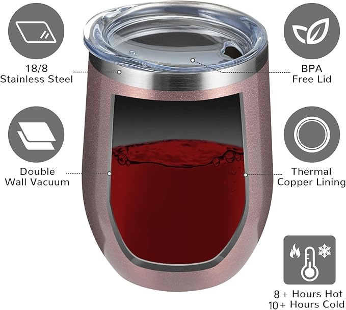 MEWAY 12oz Wine Tumbler 16 Pack Bulk Gifts for Women,Double Wall Vacuum Stainless Steel Travel Mug with Lid,Insulated Stemless Wine Cup Glass for Coffee,Cocktails,Drinks(Rose gold,Set of 16)