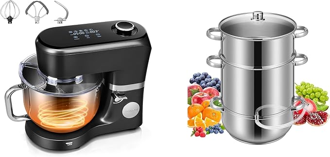 VIVOHOME Stand Mixer with Fermentation, One-Touch Presets, and 6 Qt Bowl, Black, and VIVOHOME Stainless Steel Juicer Steamer Pot 11 Qt with Tempered Glass Lid