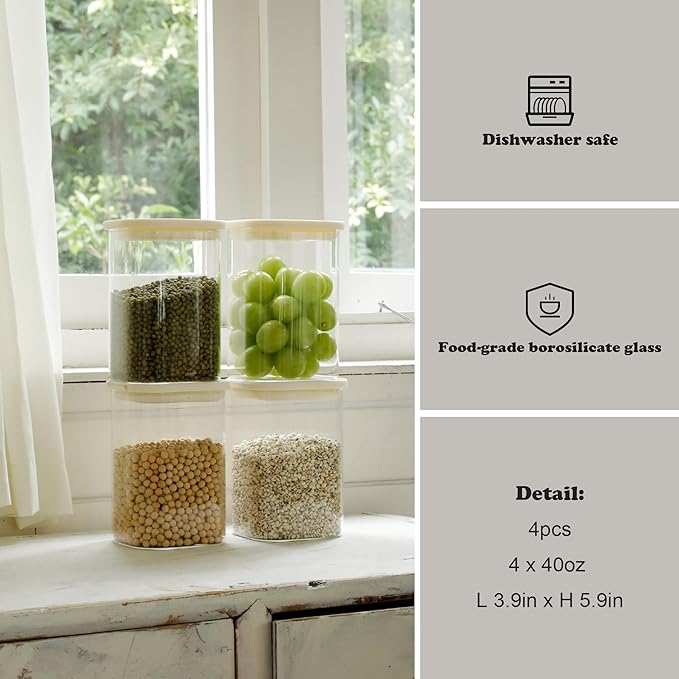 4pcs 40oz Square Pantry Glass Jars with Clear Airtight Lids Kitchen Canisters Sets for Flour, Sugar Refrigerator Safe, Patent Approved