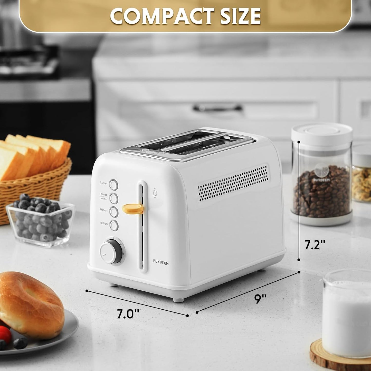 BUYDEEM DT620 2-Slice Toaster, Extra Wide Slots, Retro Stainless Steel with High Lift Lever, Bagel and Muffin Function, Removal Crumb Tray, 7-Shade Settings,Arctic White