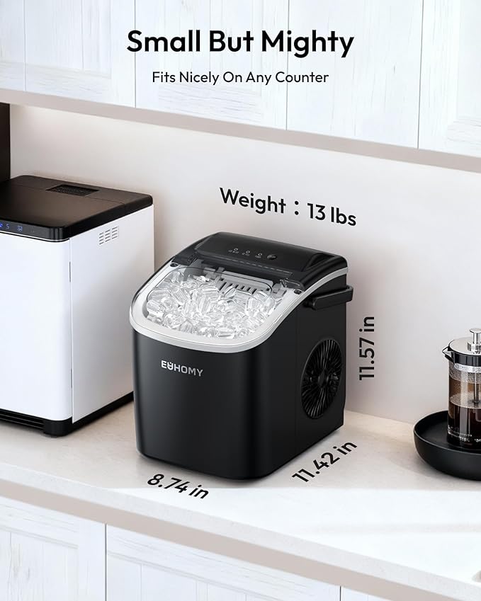 EUHOMY Countertop Ice Maker Machine with Handle, 26lbs in 24Hrs, 9 Ice Cubes Ready in 6 Mins, Auto-Cleaning Portable Ice Maker with Basket and Scoop, for Home/Kitchen/Camping/RV. (Black)
