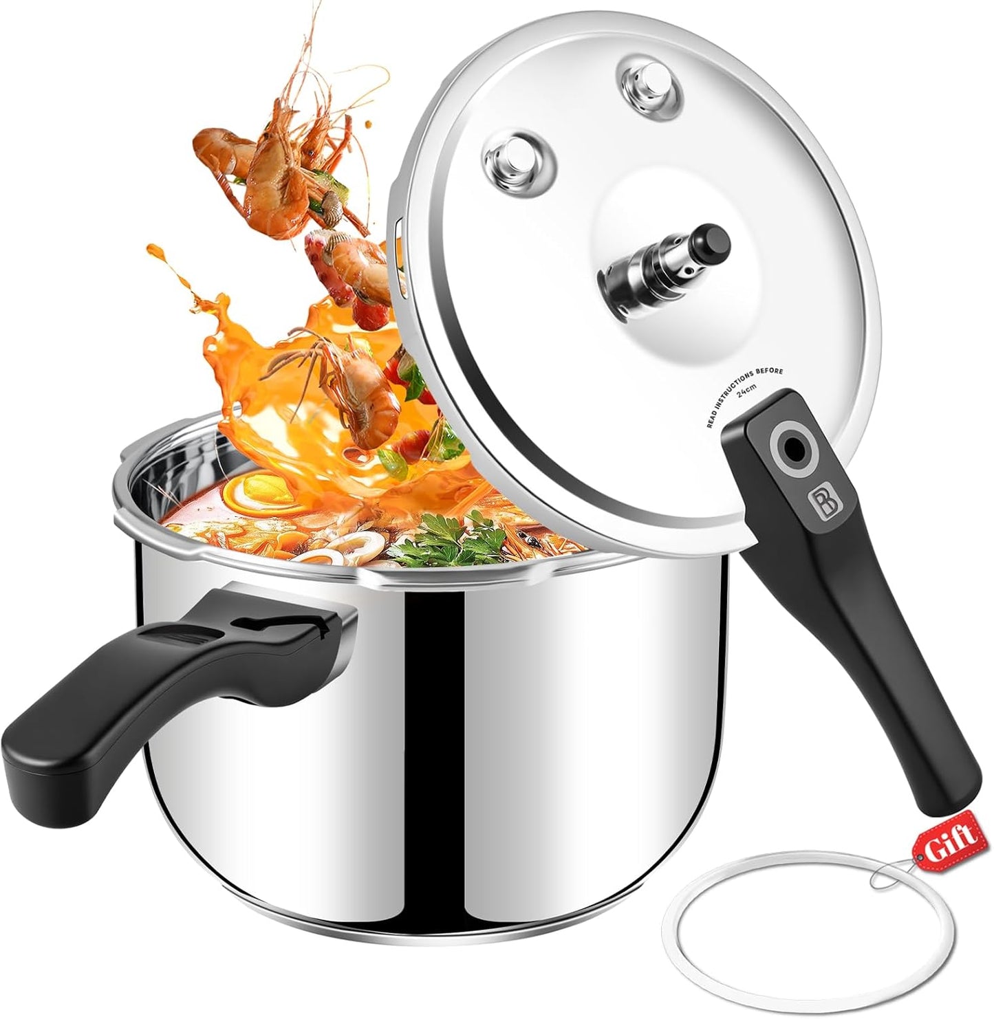 Stainless Steel Pressure Cooker 6.34 Quart, Heavy-Duty, Food-Grade, All Stovetop & Induction Compatible with Multi-Safety Lock System for Gas Electric Ceramic, Commercial Home Kitchen Use, Deeluban