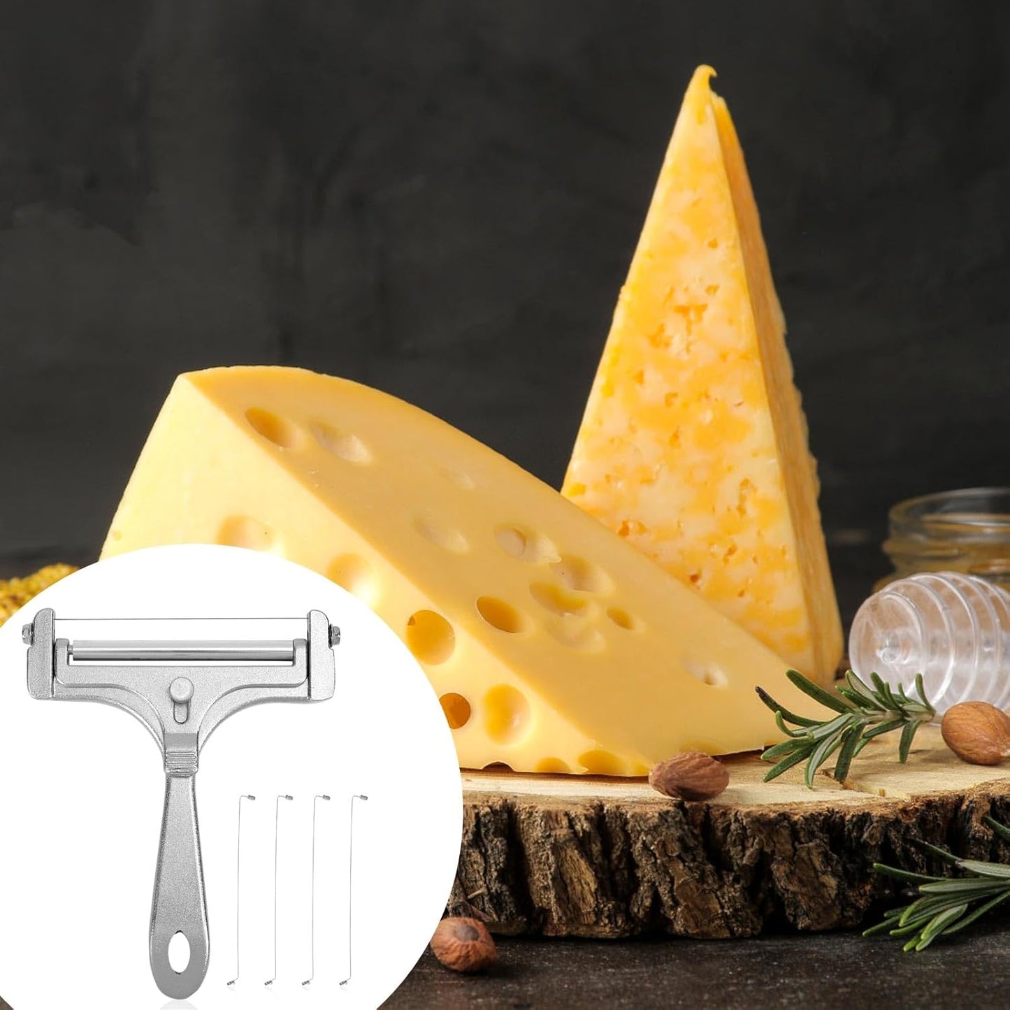 Cheese Cutter, Stainless Steel Cheese Slicer with 4pcs Extra Wires Adjustable Handheld Butter Block Cutter for Cheddar Gruyere Mozzarella Kitchen Slicing Tools