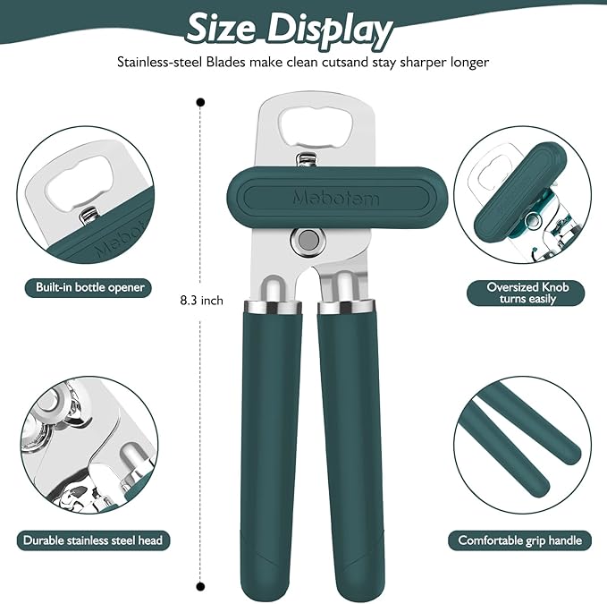 10 Colors Can Opener Manual Handheld Heavy Duty Hand Can Opener Smooth Edge Stainless Steel Can Openers Top Lid Kitchen Gadgets, Best Large Rated Easy Turn Knob, with Bottle Opener, Emerald