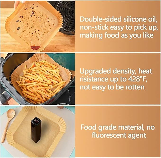 Large Air Fryer Disposable Paper Liners Nonstick 23cm Oven Airfryer Parchment Baking Paper ，Compatible For Ninja，Compatible For COSORI ，Grill Cooking Basket(16cm square,50PC)