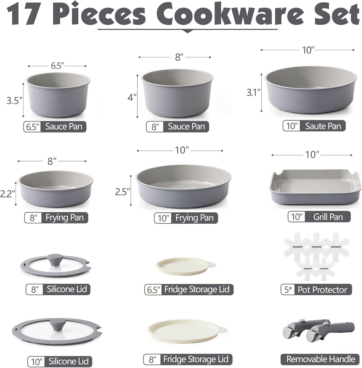 SENSARTE 17 Piece Ceramic Pots and Pans Set, Nonstick Detachable Handle Cookware, Induction Kitchen Cookware Set with Removable Handle, Dishwasher ＆ Oven Safe (Gray)